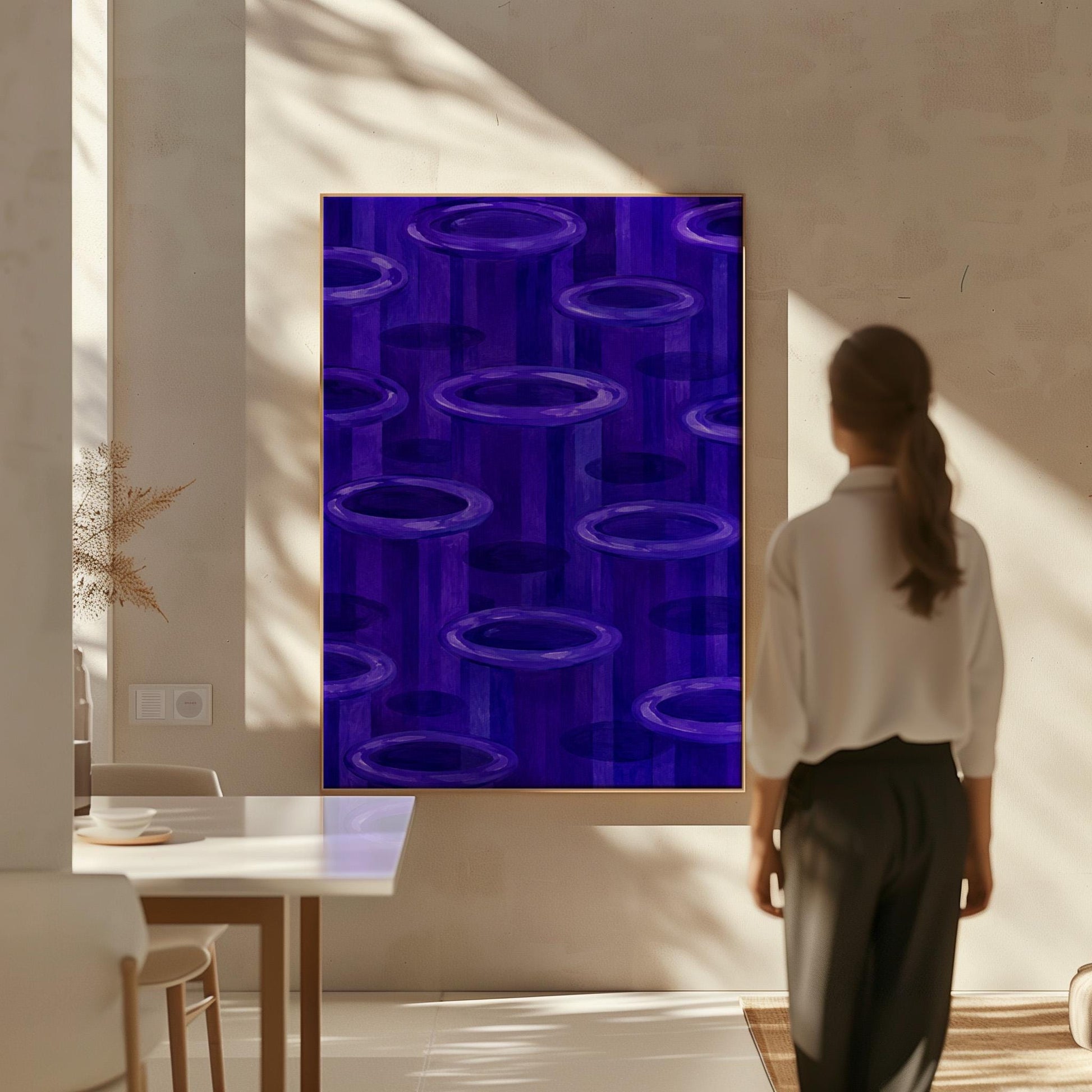 Rings emerging from deep violet and amethyst tones, canvas wall art styled against a soft white wall