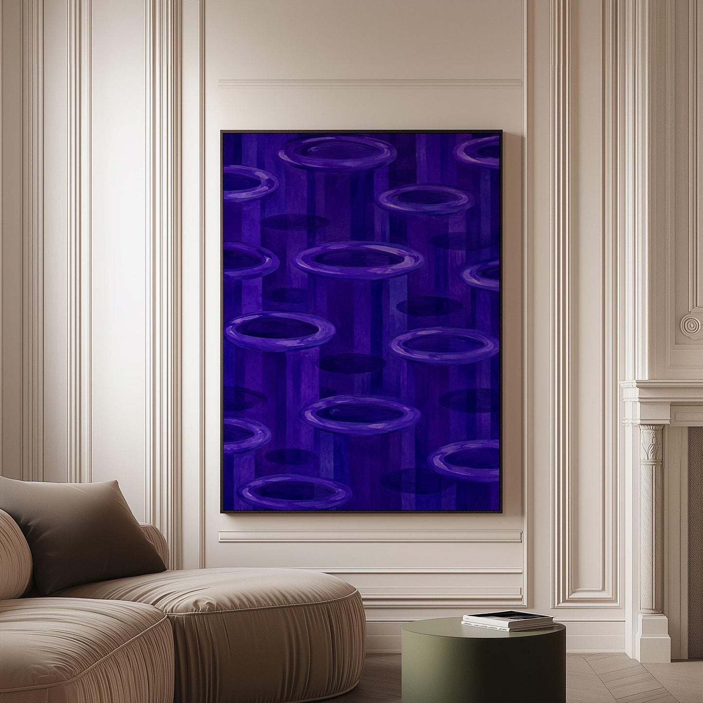 Rings emerging from deep violet and amethyst tones, canvas print on a softly lit wall in a calm interior