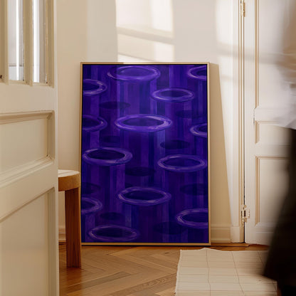 Rings emerging from deep violet and amethyst tones, canvas wall art on a quiet wall in a considered interior