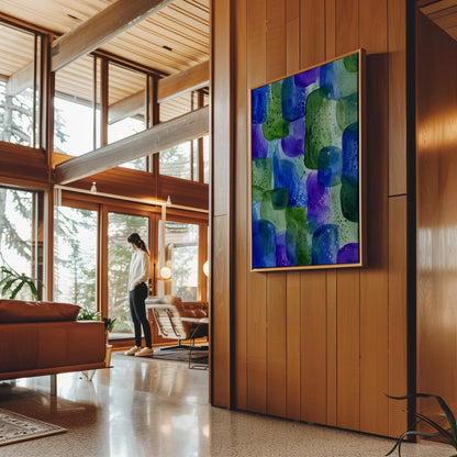 Painterly blocks in saturated blue purple and green, canvas print on a quiet wall in a considered interior