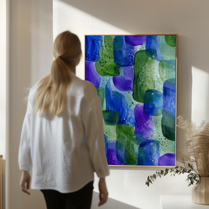 Painterly blocks in saturated blue purple and green, canvas print shown to scale in a furnished room