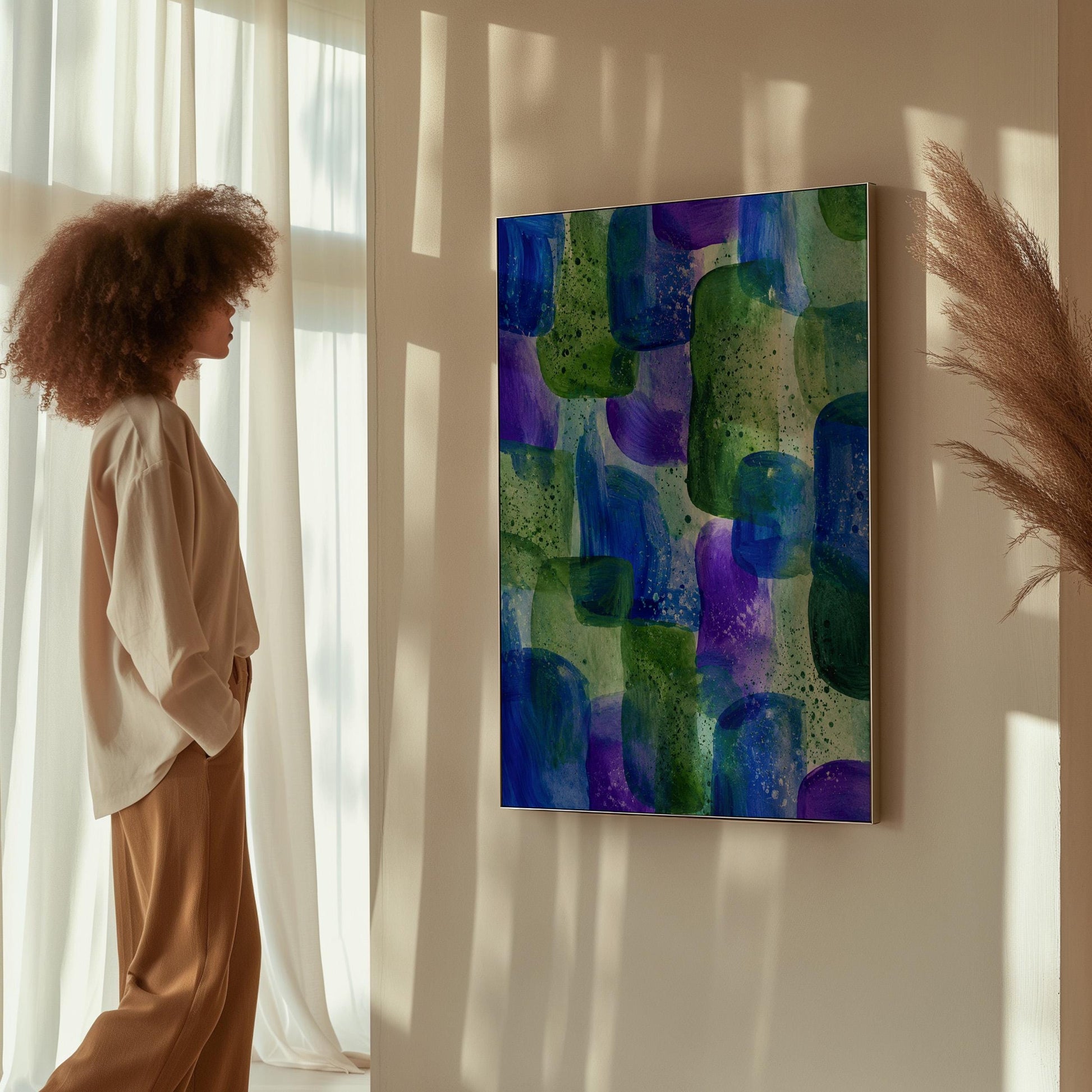 Painterly blocks in saturated blue purple and green, canvas print shown in a sunlit, contemporary room