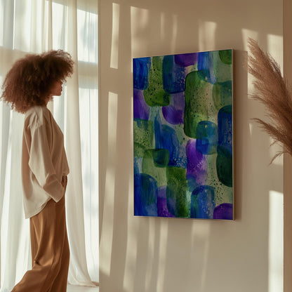 Painterly blocks in saturated blue purple and green, canvas print shown in a sunlit, contemporary room