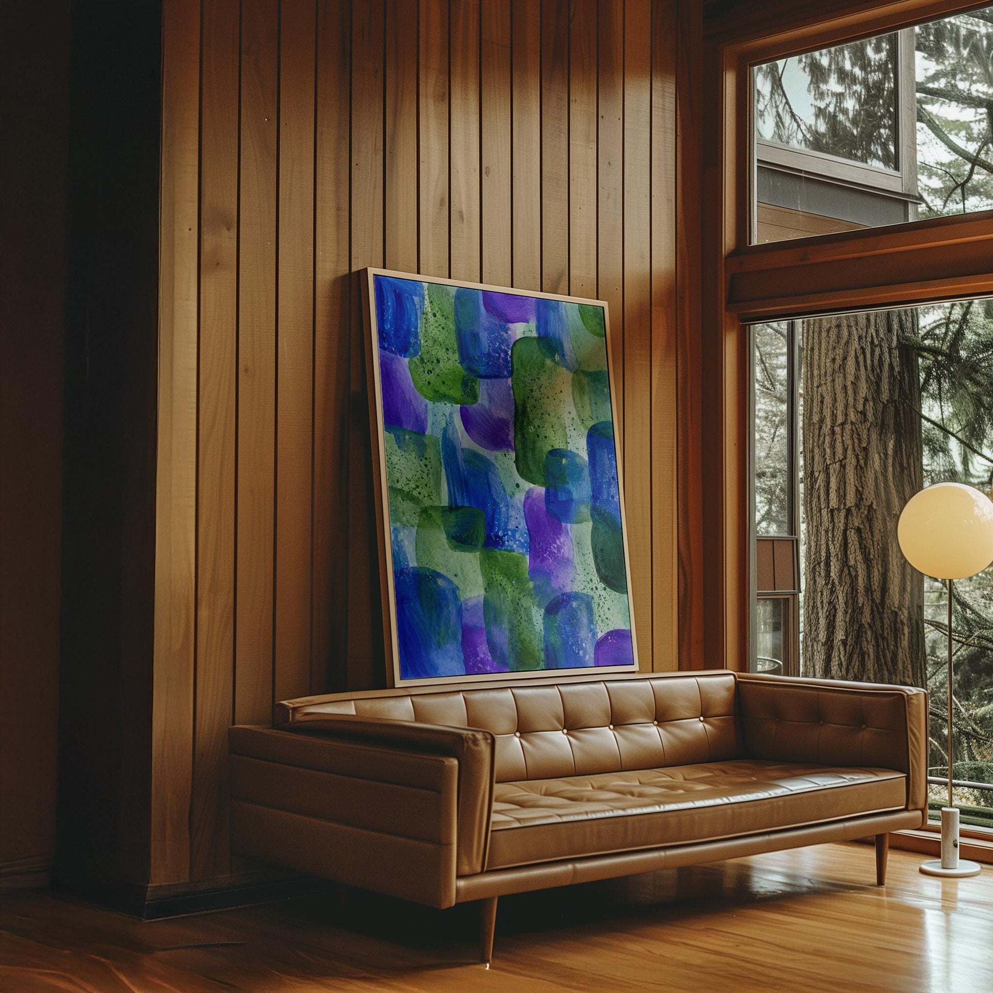 Painterly blocks in saturated blue purple and green, canvas wall art styled against a soft white wall