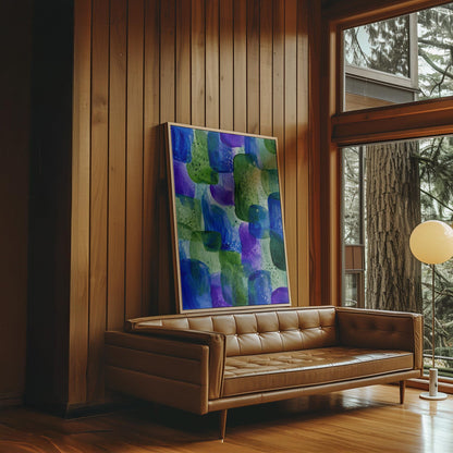 Painterly blocks in saturated blue purple and green, canvas wall art styled against a soft white wall