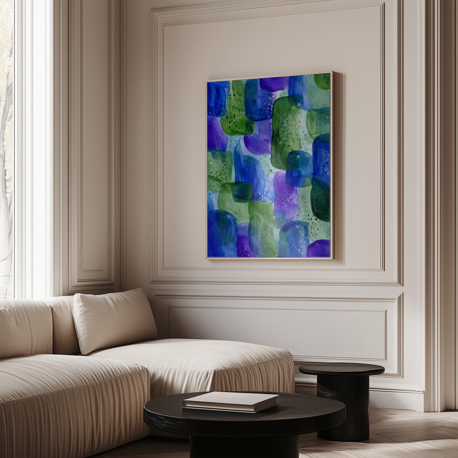 Painterly blocks in saturated blue purple and green, canvas wall art seen in a warm interior with natural light