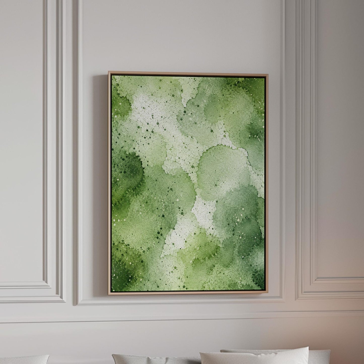 Pale speckled green watercolor wash, light and airy, canvas print in a bright room with natural daylight