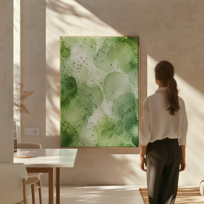 Pale speckled green watercolor wash, light and airy, canvas print seen in a warm interior with natural light