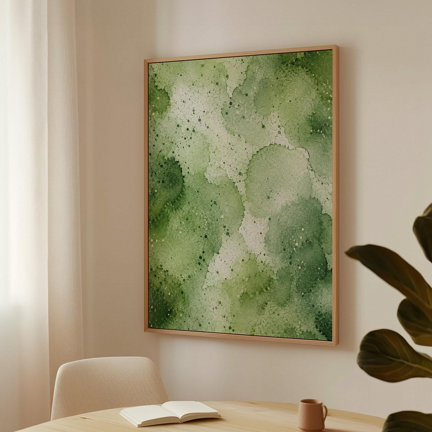 Pale speckled green watercolor wash, light and airy, canvas print presented in a light, minimal room