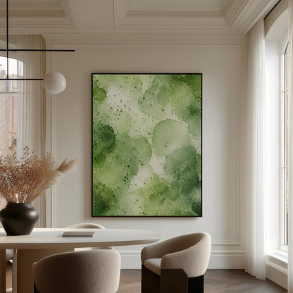 Pale speckled green watercolor wash, light and airy, canvas print on a quiet wall in a considered interior