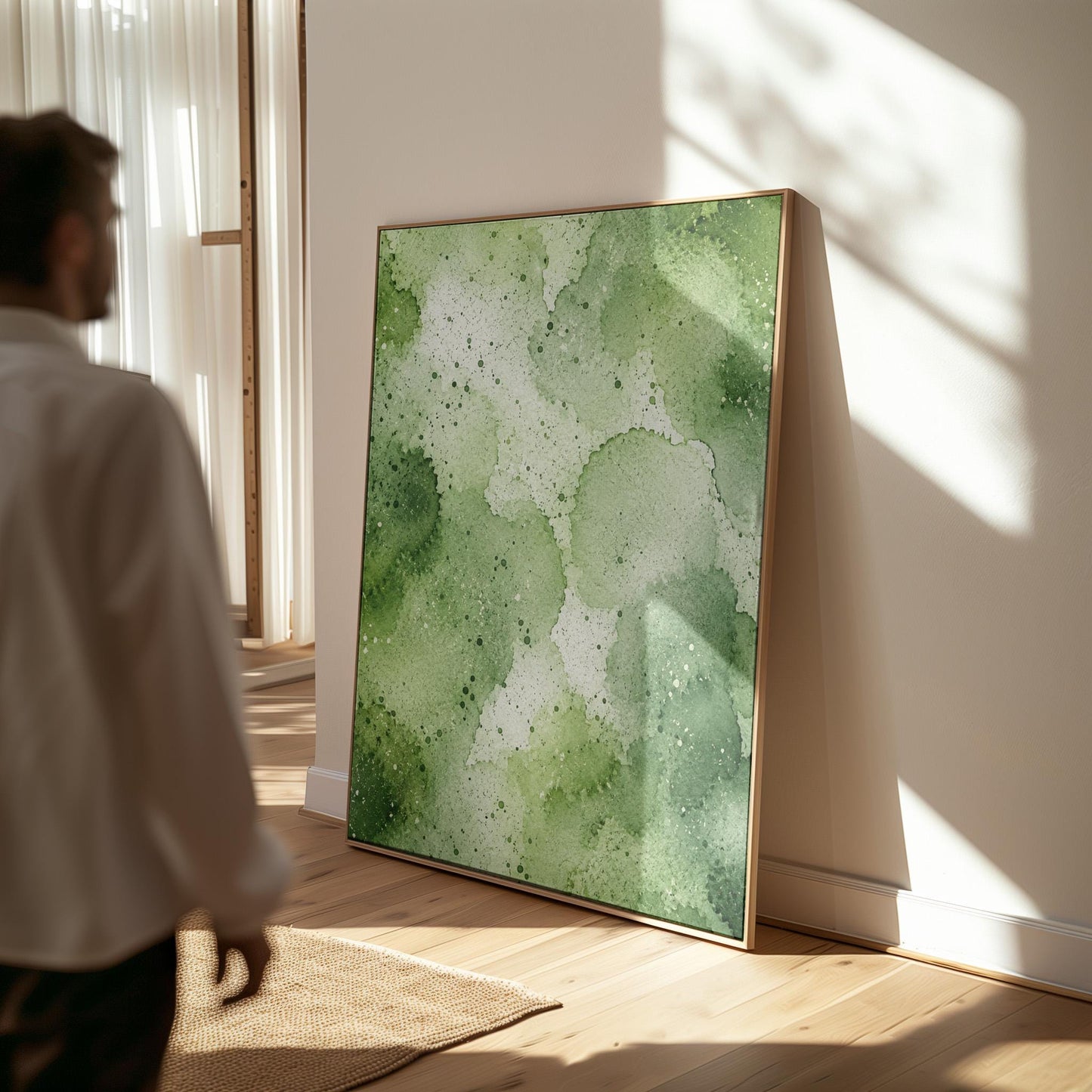 Pale speckled green watercolor wash, light and airy, canvas wall art seen in a warm interior with natural light