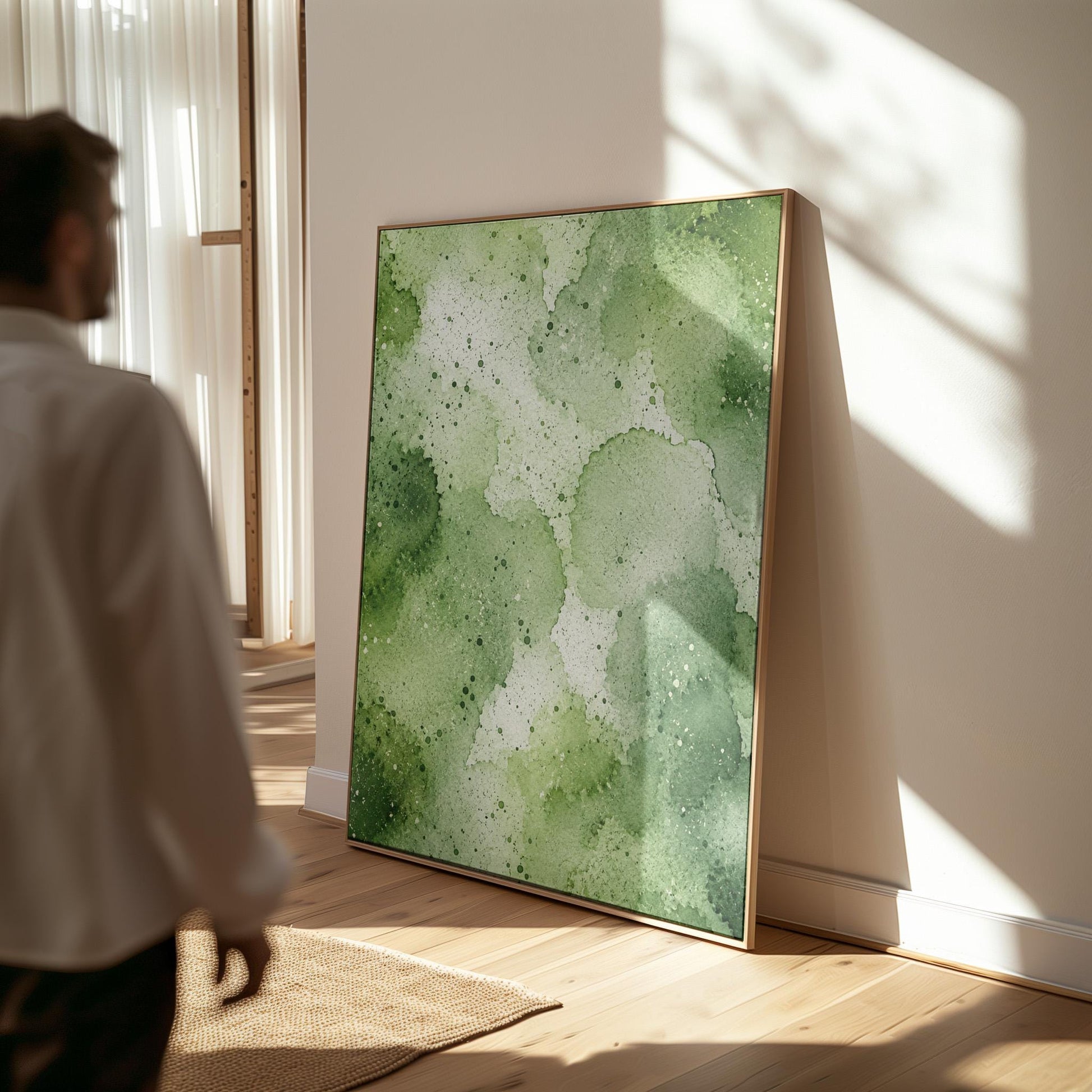 Pale speckled green watercolor wash, light and airy, canvas wall art seen in a warm interior with natural light