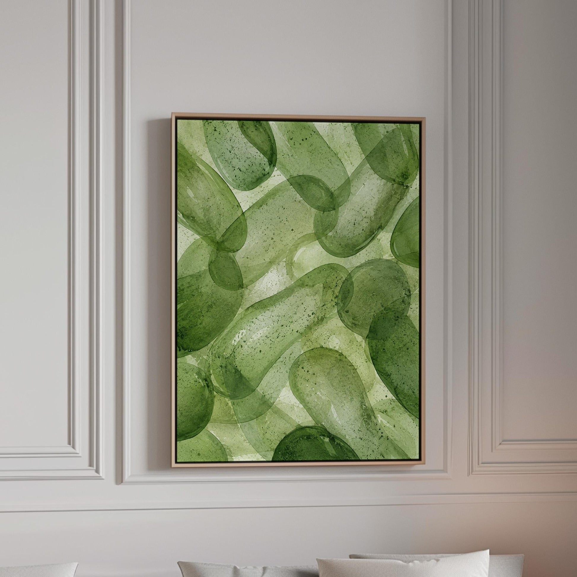 Interlaced looping rings in transparent greens, canvas print in a bright room with natural daylight