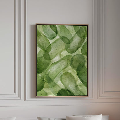 Interlaced looping rings in transparent greens, canvas print in a bright room with natural daylight