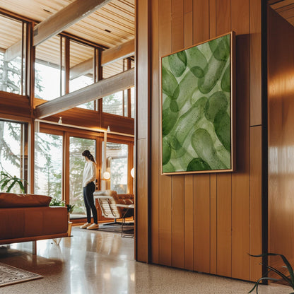 Interlaced looping rings in transparent greens, canvas print styled against a soft white wall