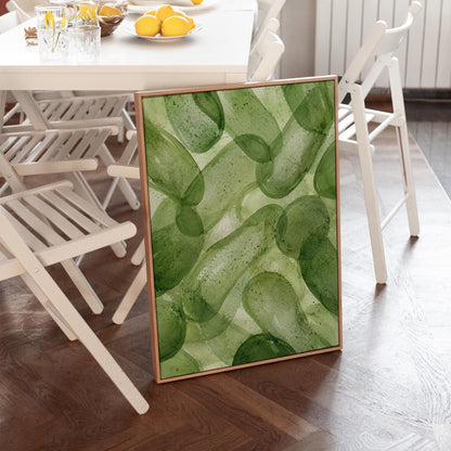 Interlaced looping rings in transparent greens, canvas print seen in a warm interior with natural light