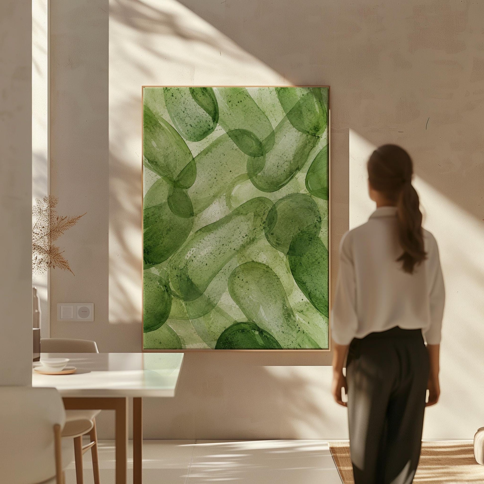 Interlaced looping rings in transparent greens, canvas print on a quiet wall in a considered interior