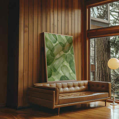 Interlaced looping rings in transparent greens, canvas print shown in a sunlit, contemporary room