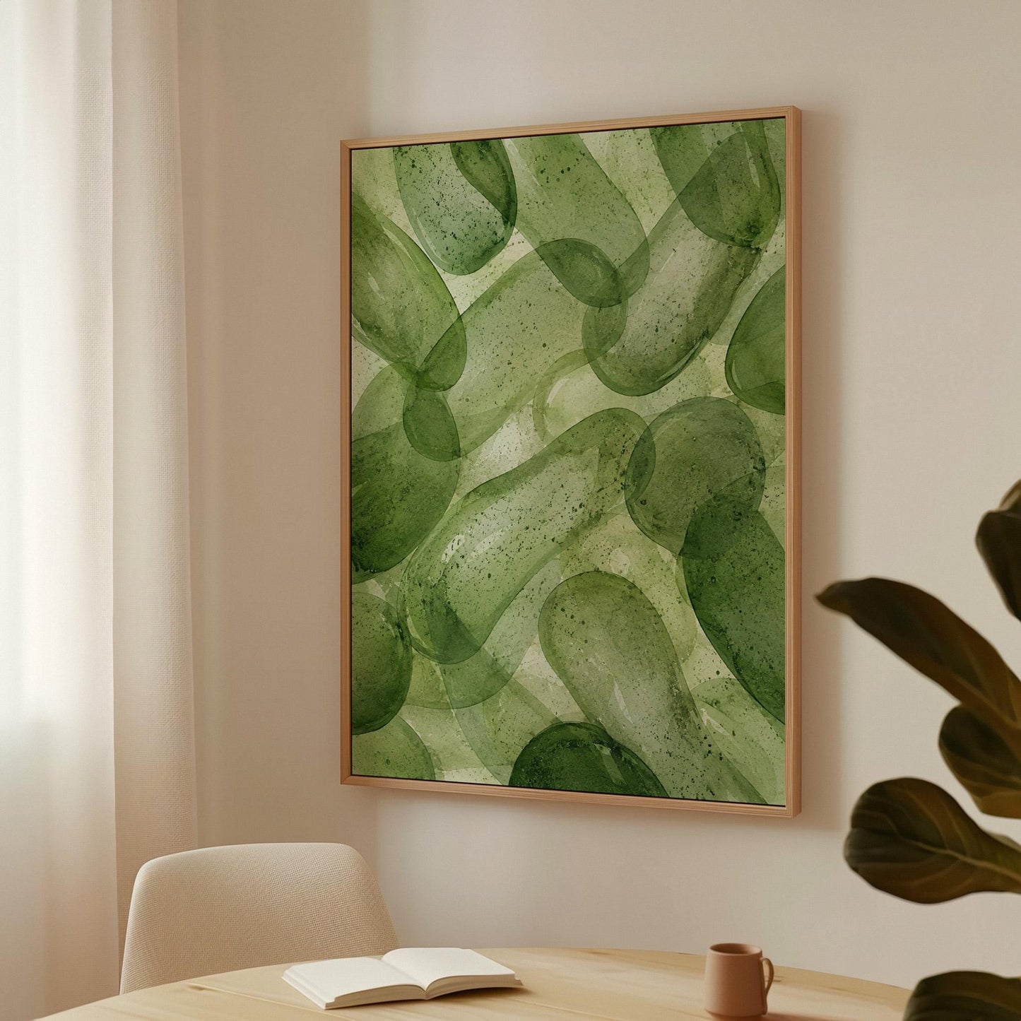 Interlaced looping rings in transparent greens, canvas wall art styled against a soft white wall
