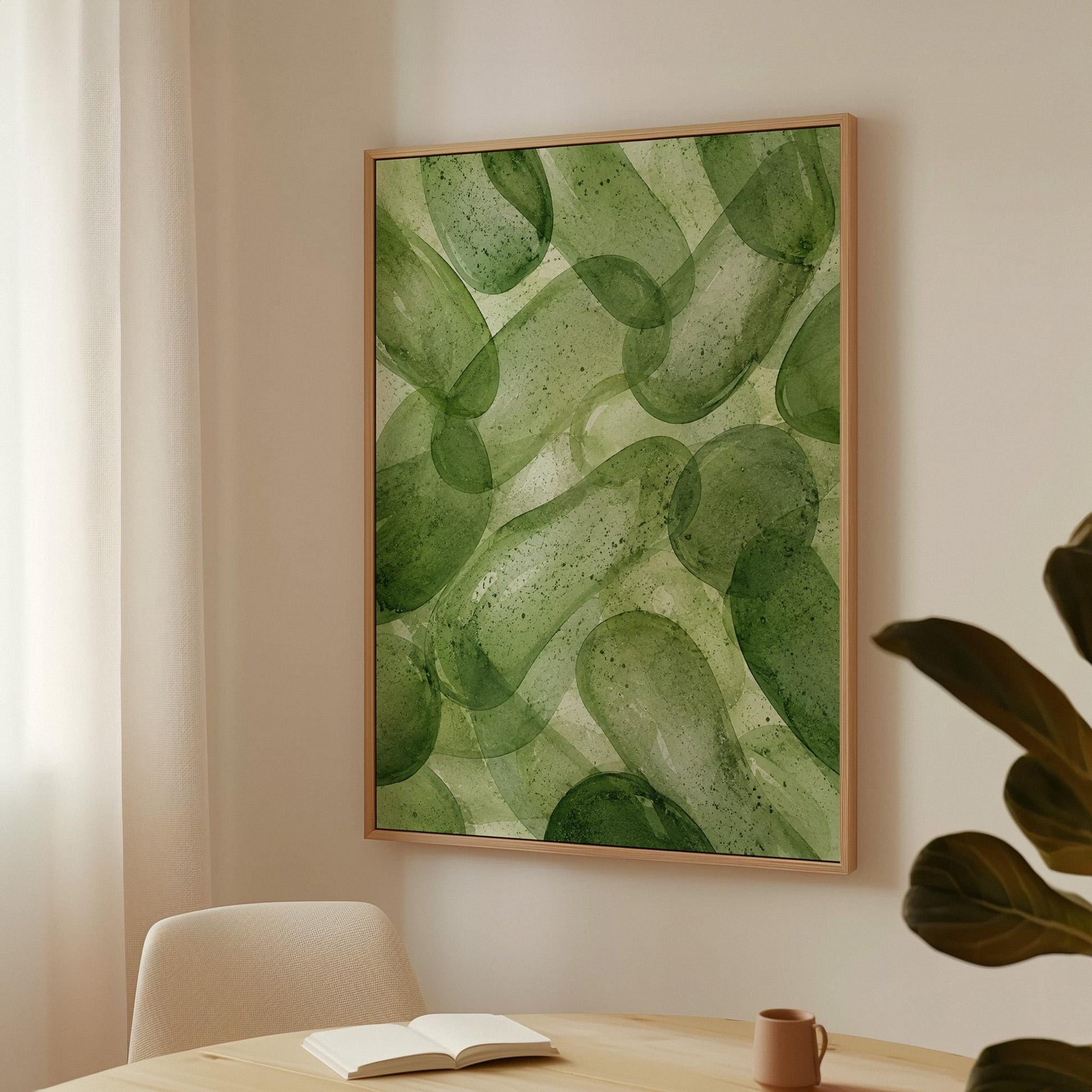 Interlaced looping rings in transparent greens, canvas wall art styled against a soft white wall