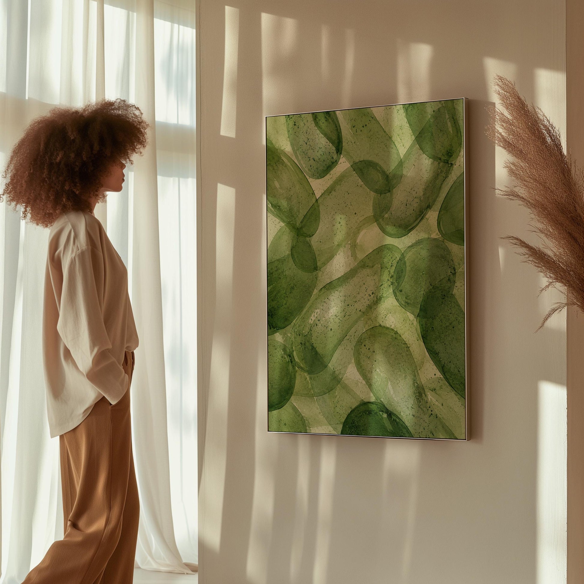 Interlaced looping rings in transparent greens, canvas wall art presented in a light, minimal room