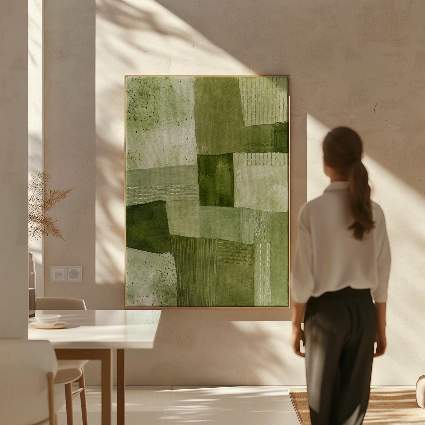 Patchwork of olive and moss green field blocks, canvas print hanging in a calm, modern living space