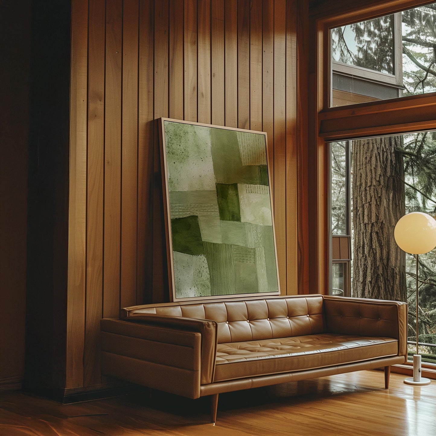 Patchwork of olive and moss green field blocks, canvas print shown in a sunlit, contemporary room