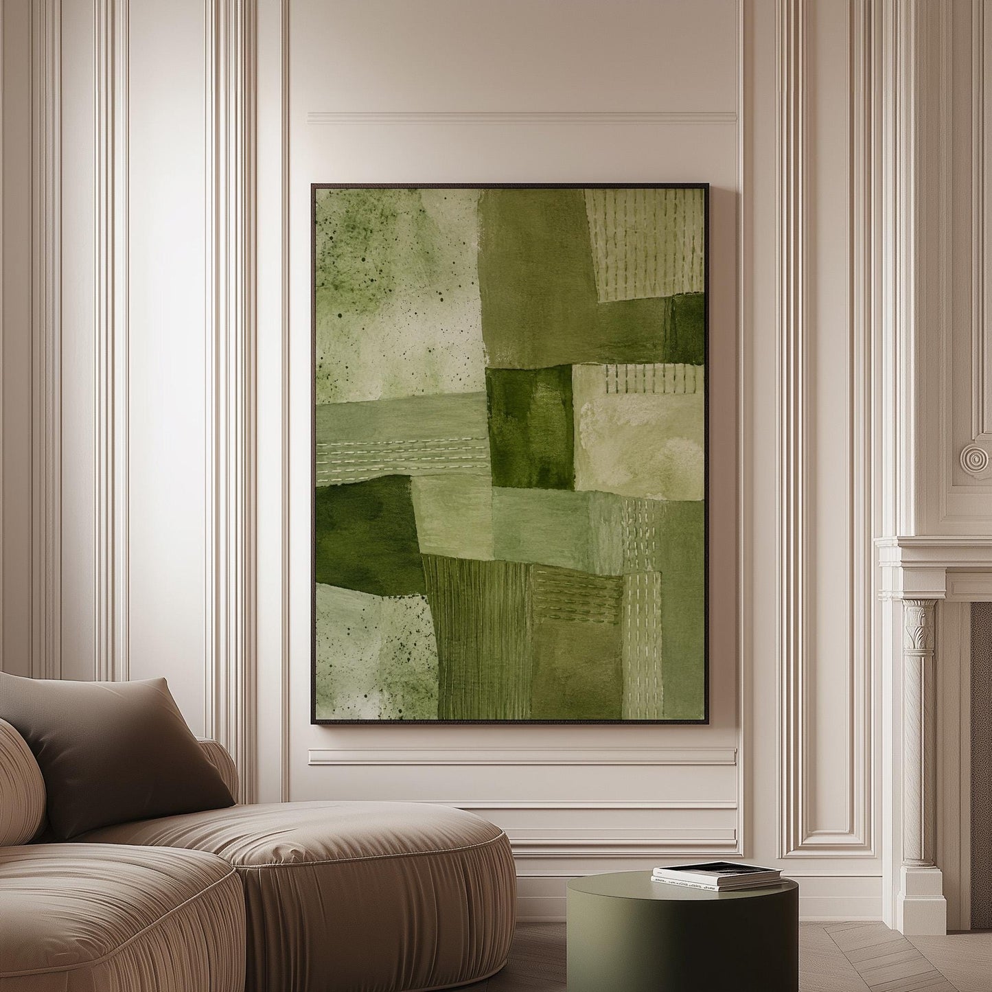 Patchwork of olive and moss green field blocks, canvas print on a softly lit wall in a calm interior