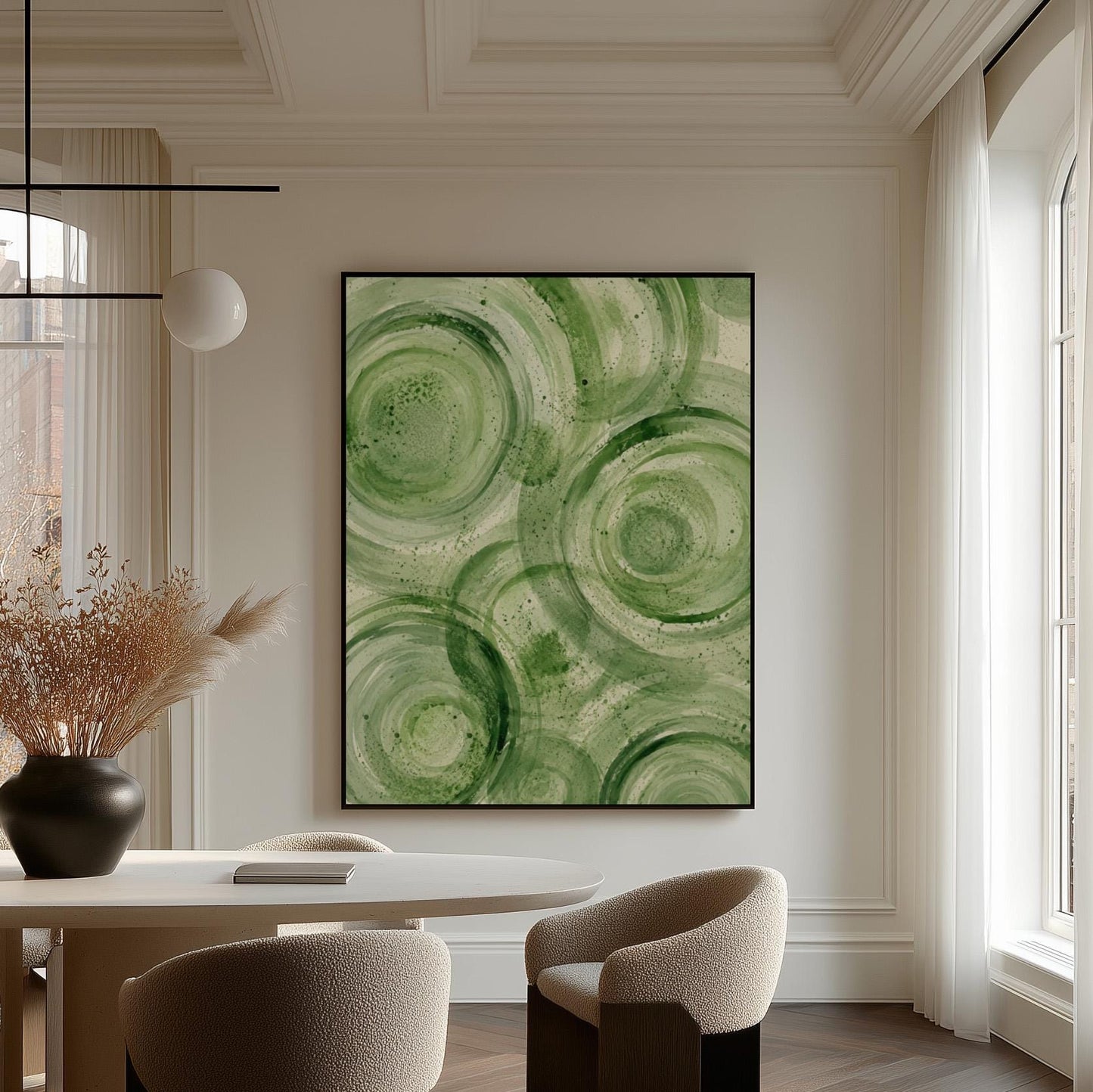 Concentric ripple rings in soft watercolor greens, canvas print hanging in a calm, modern living space