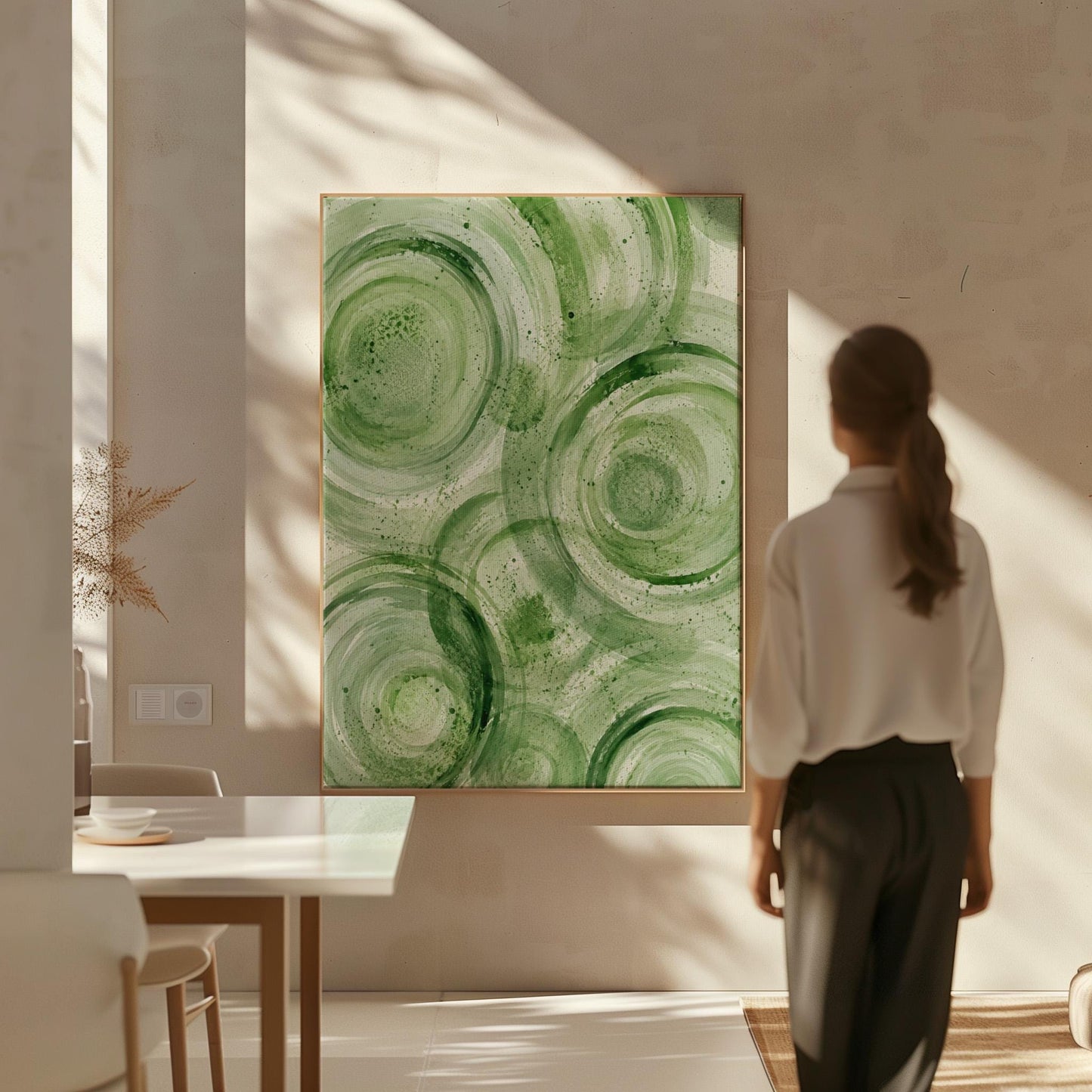 Concentric ripple rings in soft watercolor greens, canvas print styled against a soft white wall