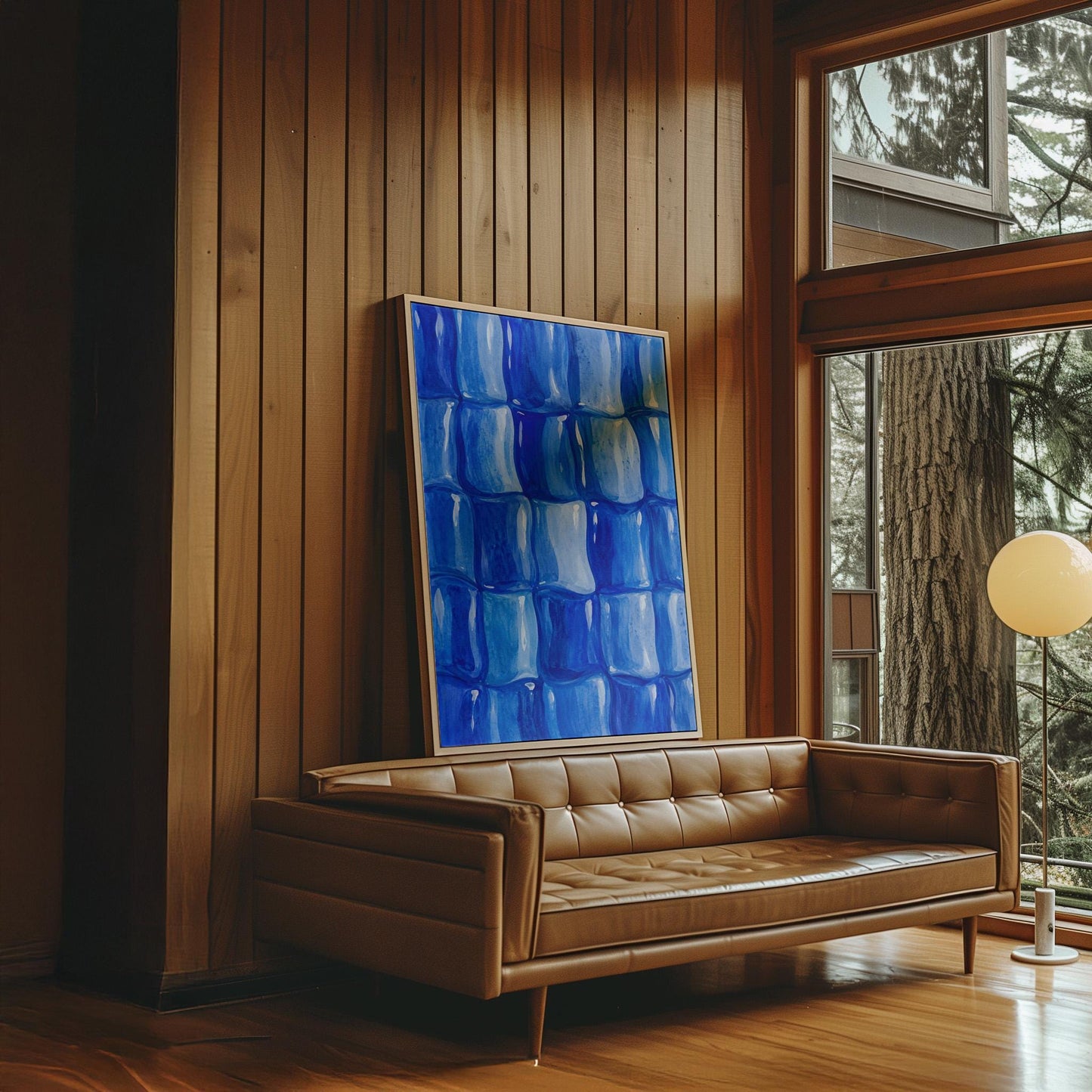 Grid of rounded squares in layered cobalt blues, canvas print styled against a soft white wall