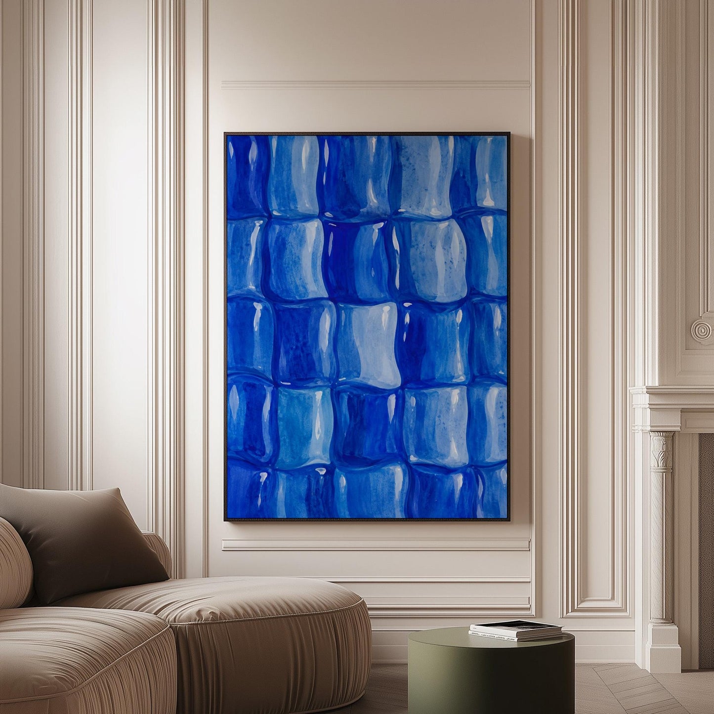 Grid of rounded squares in layered cobalt blues, canvas print on a softly lit wall in a calm interior