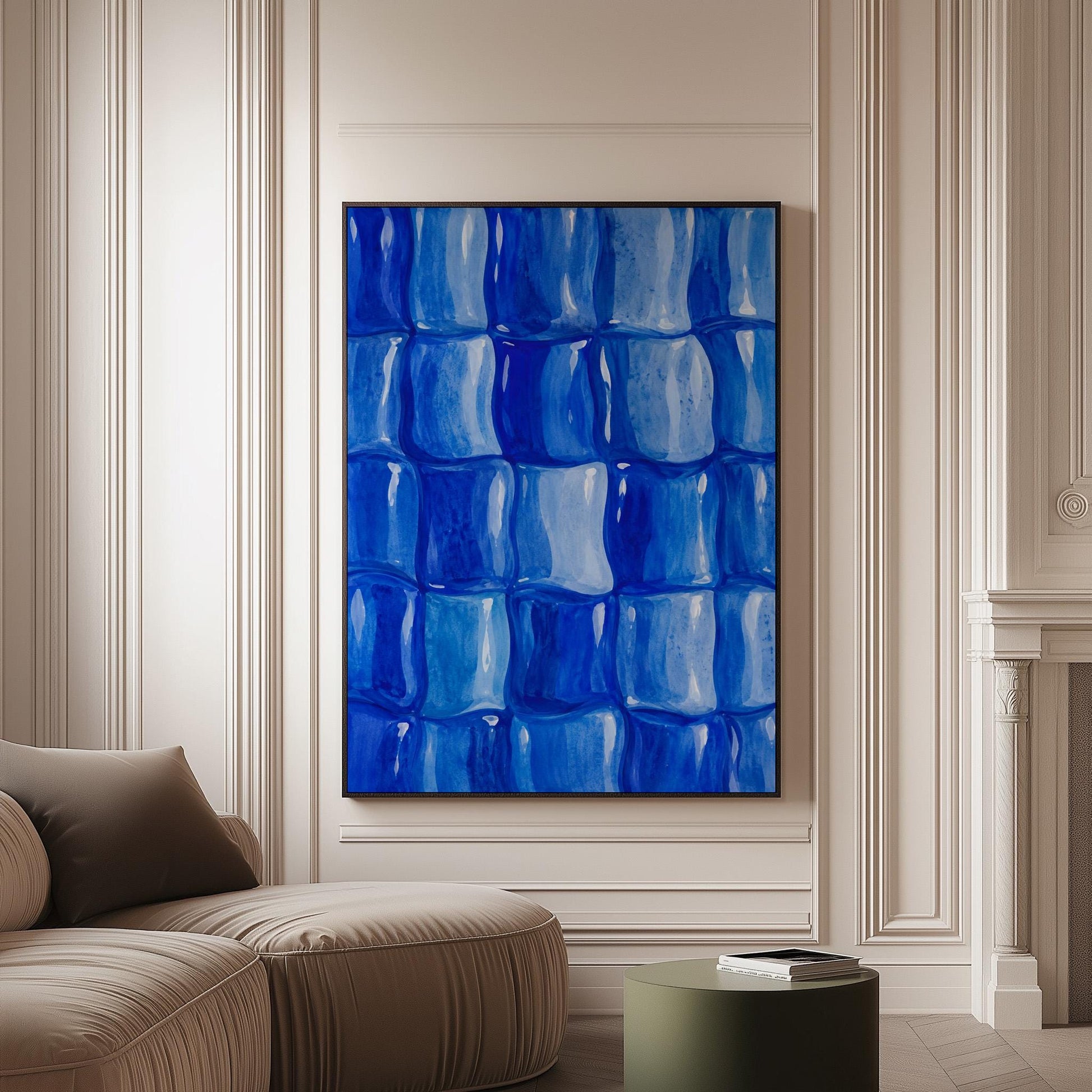 Grid of rounded squares in layered cobalt blues, canvas print on a softly lit wall in a calm interior