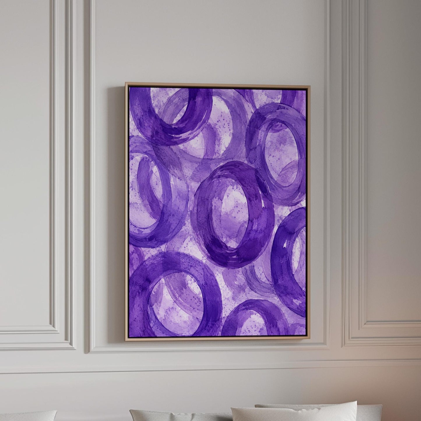 Swirling amethyst purple rings on pale background, canvas print in a bright room with natural daylight