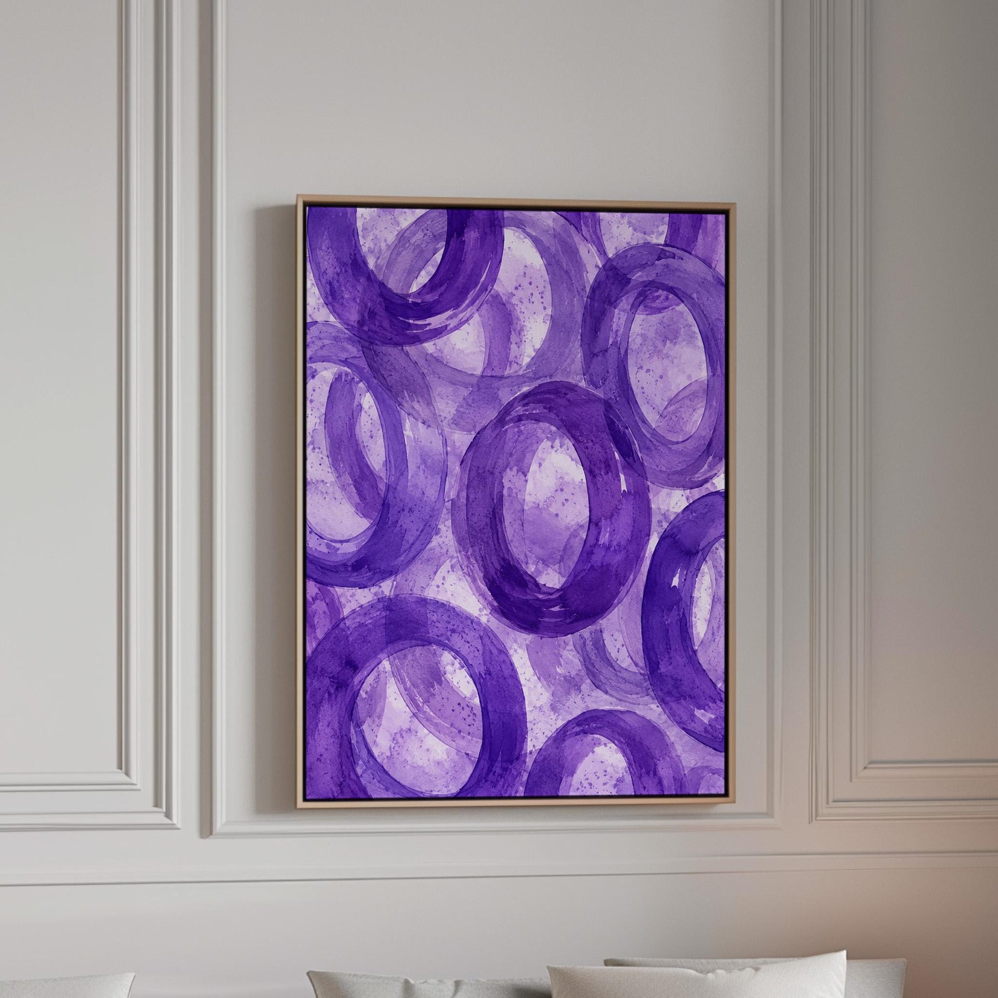 Swirling amethyst purple rings on pale background, canvas print in a bright room with natural daylight