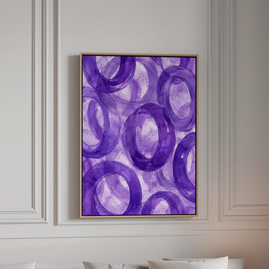 Swirling amethyst purple rings on pale background, canvas print in a bright room with natural daylight