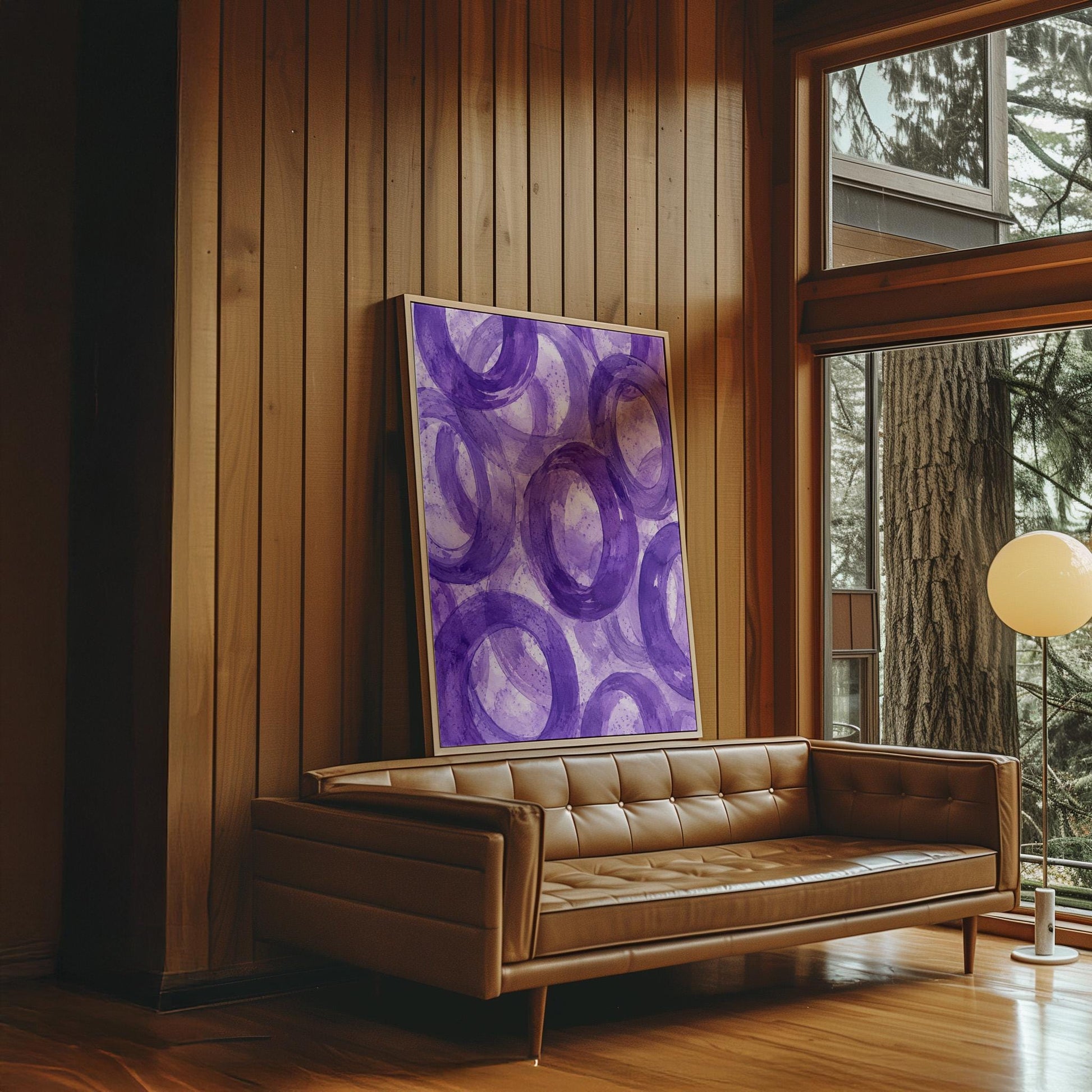 Swirling amethyst purple rings on pale background, canvas print styled against a soft white wall