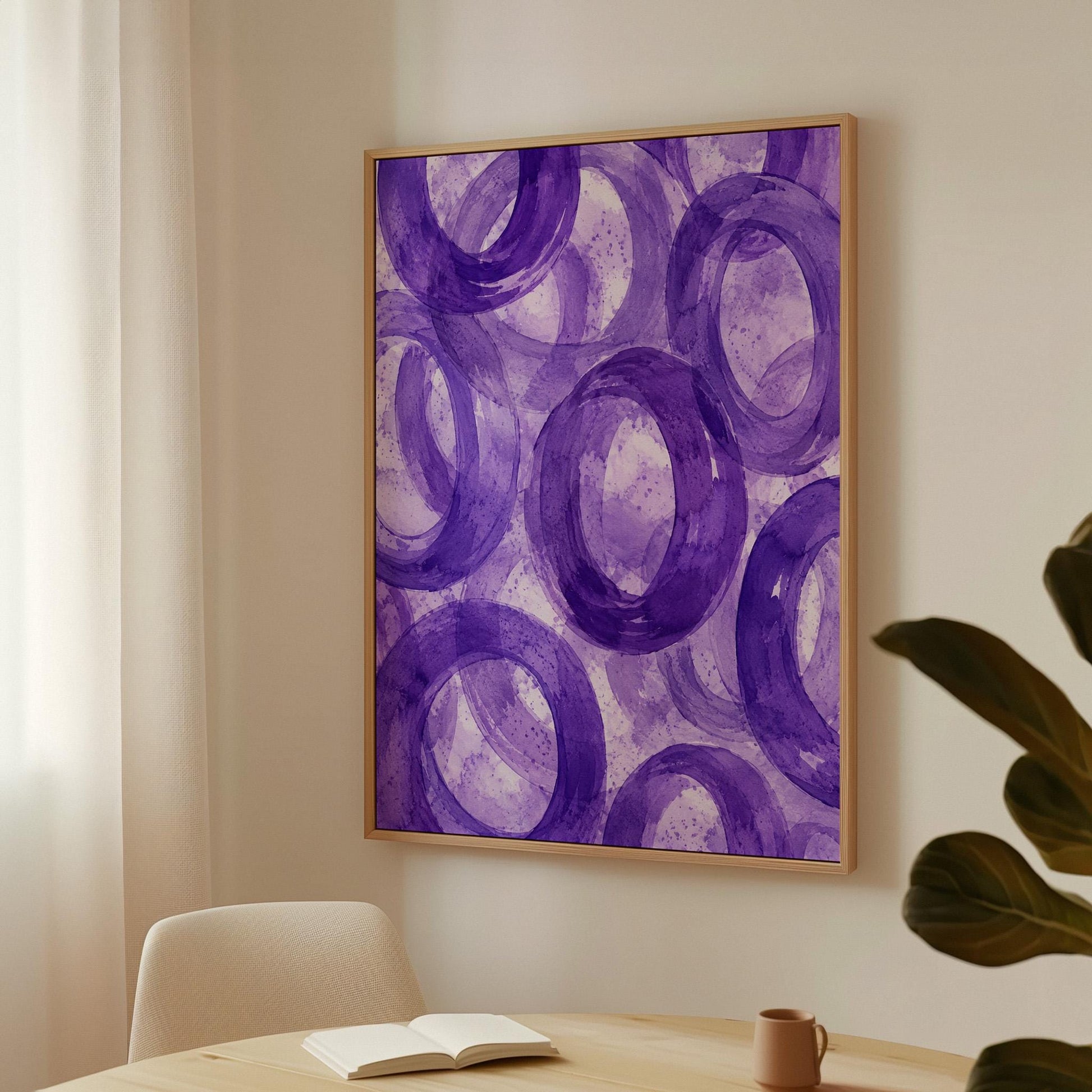 Swirling amethyst purple rings on pale background, canvas print seen in a warm interior with natural light