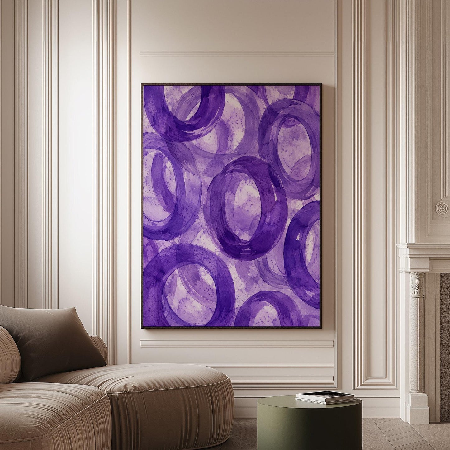 Swirling amethyst purple rings on pale background, canvas print on a softly lit wall in a calm interior