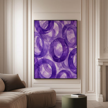 Swirling amethyst purple rings on pale background, canvas print on a softly lit wall in a calm interior