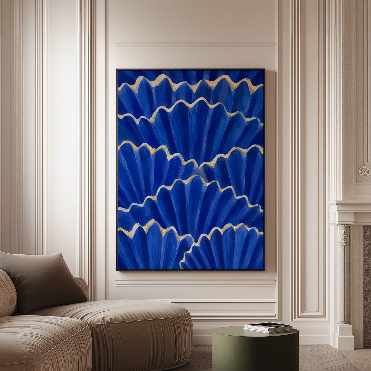Fan shaped scallop shells in cobalt with gold edges, canvas print on a softly lit wall in a calm interior