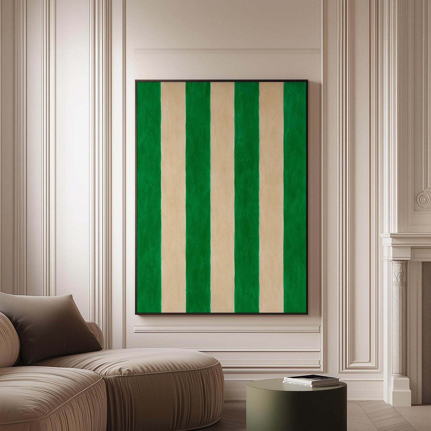 Bold vertical cabana stripes in emerald green and cream, canvas print on a softly lit wall in a calm interior