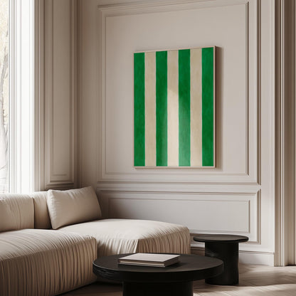 Bold vertical cabana stripes in emerald green and cream, canvas wall art styled against a soft white wall