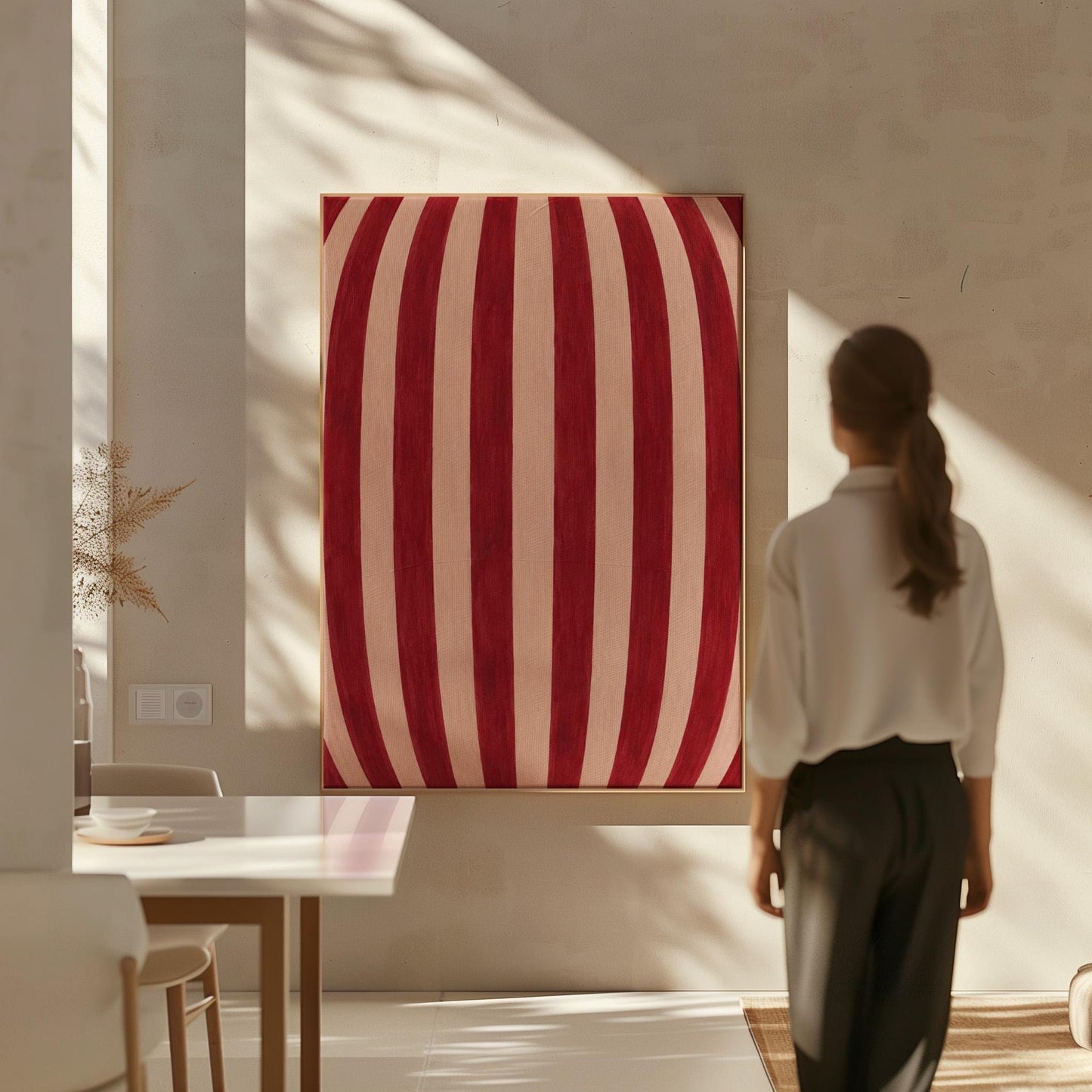 Curved burgundy stripes bowing over blush background, canvas print shown to scale in a furnished room