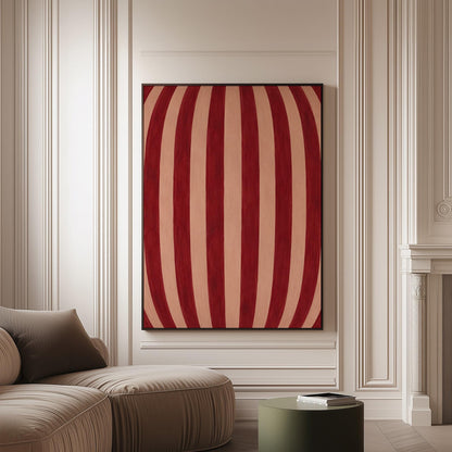 Curved burgundy stripes bowing over blush background, canvas print on a softly lit wall in a calm interior