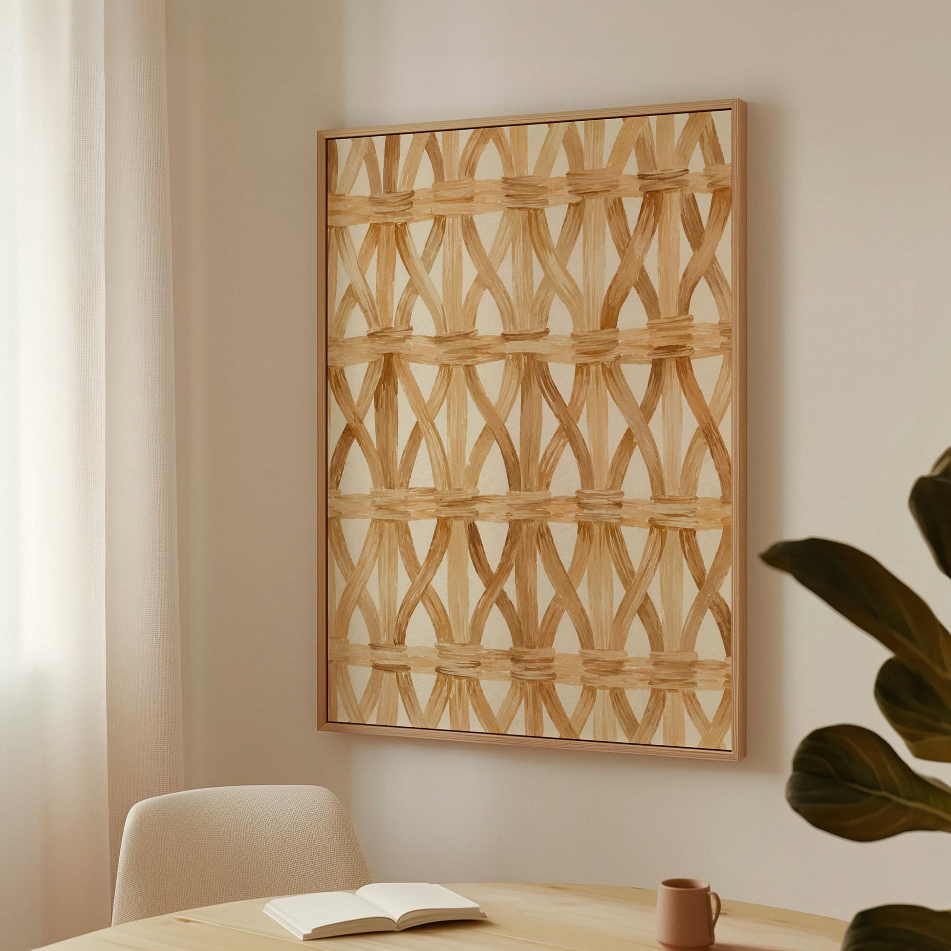 Interwoven rattan lattice pattern in honey beige, canvas print on a quiet wall in a considered interior