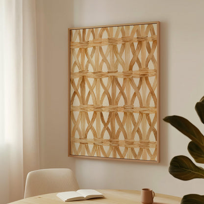 Interwoven rattan lattice pattern in honey beige, canvas print on a quiet wall in a considered interior