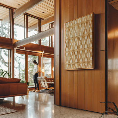 Interwoven rattan lattice pattern in honey beige, canvas wall art seen in a warm interior with natural light