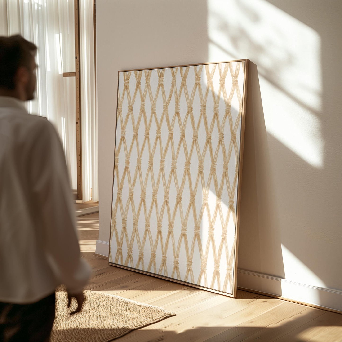 Diamond trellis of natural bands on cream background, canvas print styled against a soft white wall