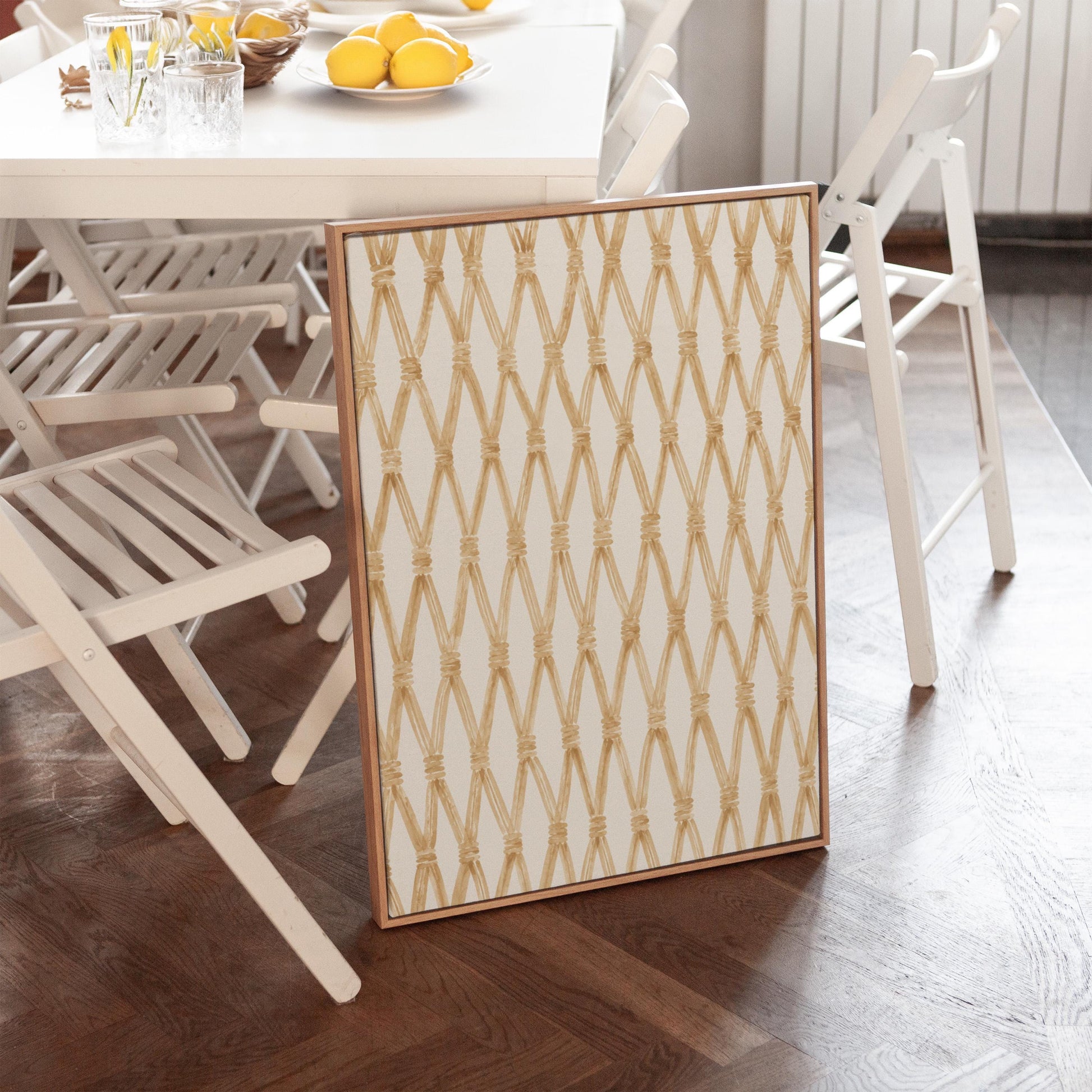 Diamond trellis of natural bands on cream background, canvas print seen in a warm interior with natural light